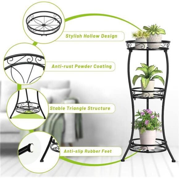 3 Tier Tall Metal Plant Stand, 33 Inch Plant Stands Indoor Outdoor - Picture 4 of 14